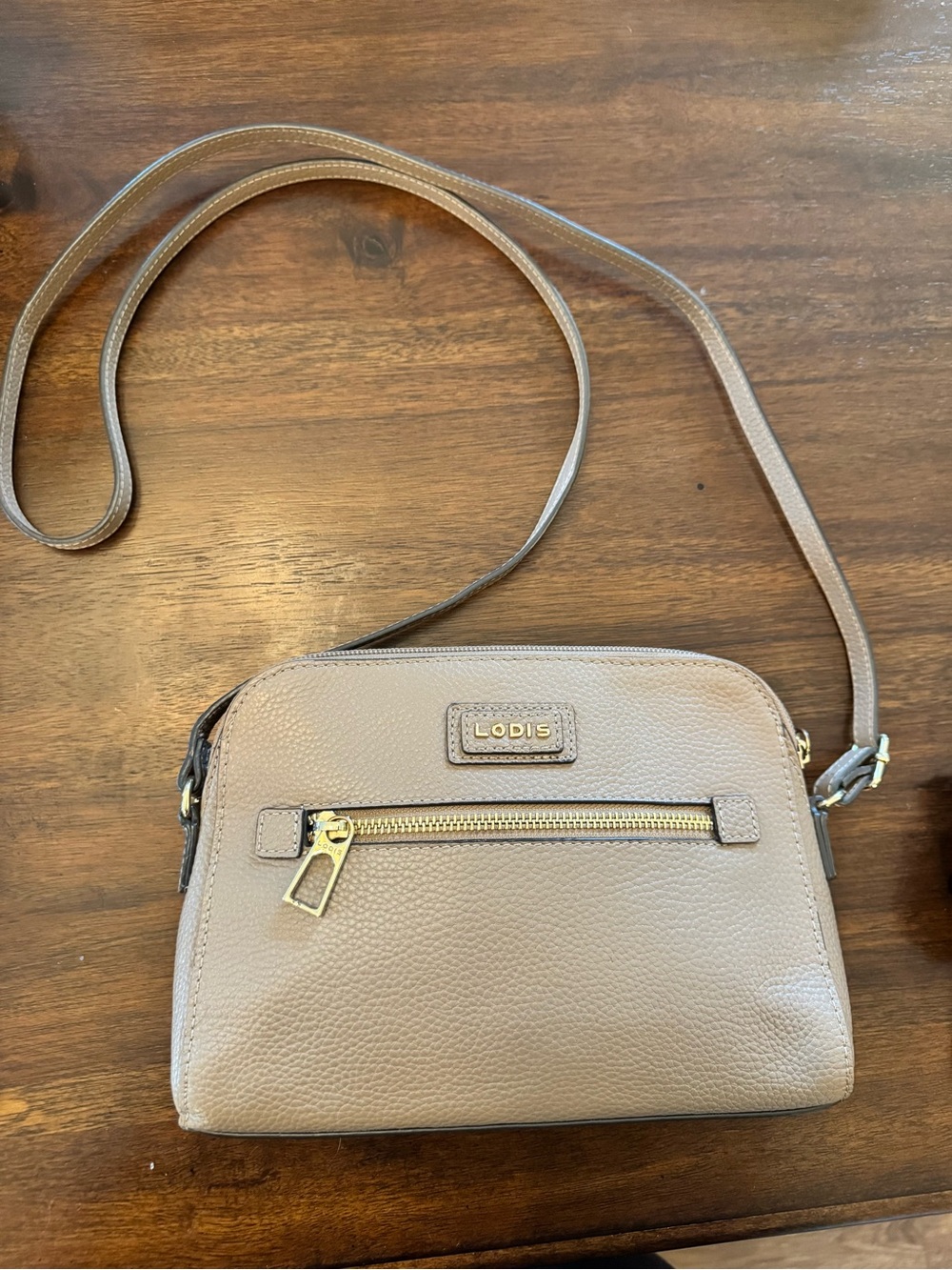 Lodis Charlotte Taupe Leather Crossbody with Gold Hardware